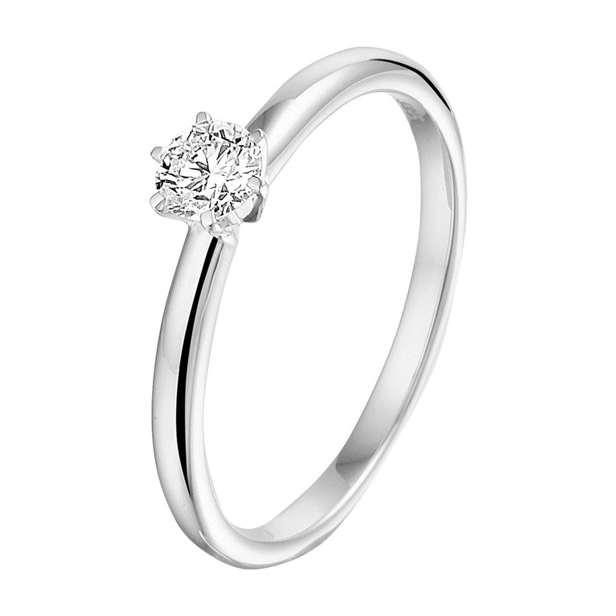 14k Witgouden ring uitgevoerd met een schitterende diamant. De ring heeft een breedte van 4.5mm.