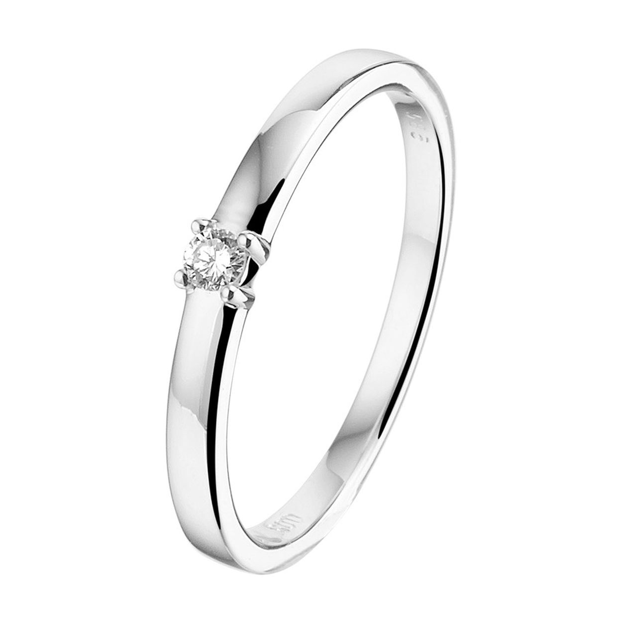 14k Witgouden ring uitgevoerd met een schitterende diamant. De ring heeft een breedte van 2.5mm.