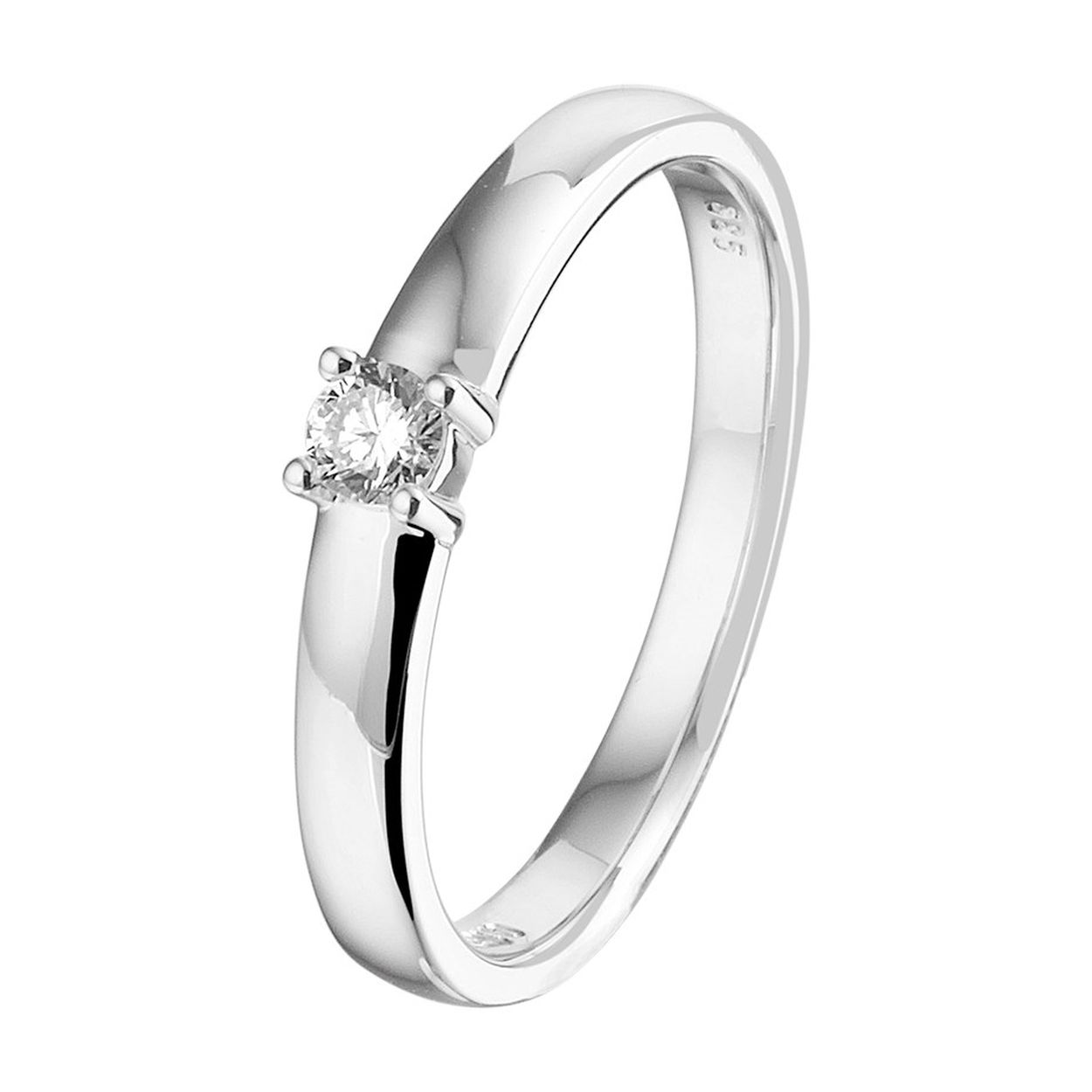 14k Witgouden ring uitgevoerd met een schitterende diamant. De ring heeft een breedte van 3mm.