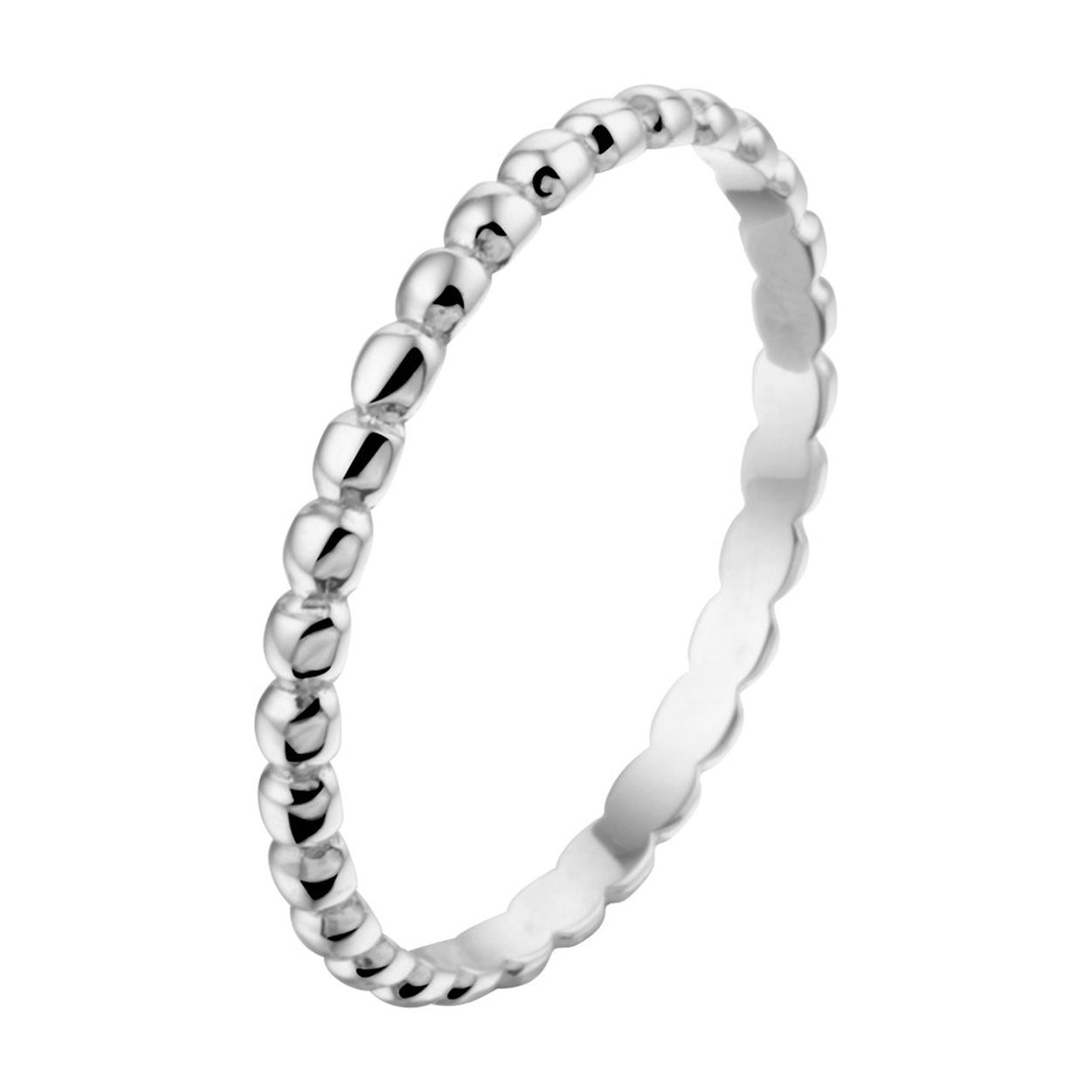 14k Witgouden aanschuifring uitgevoerd met platte bolletjes. De ring heeft een breedte van 2mm.