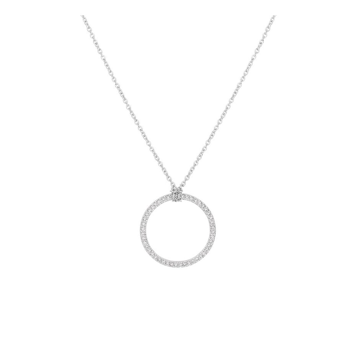 14k Witgouden collier uitgevoerd met een hanger in de vorm van een rondje met daarin een schitterende diamant rij. Het collier heeft draaglengtes van 40.5, 42 en 43.5cm en een stevige karabijn sluiting. Het rondje heeft een diameter van 16mm.