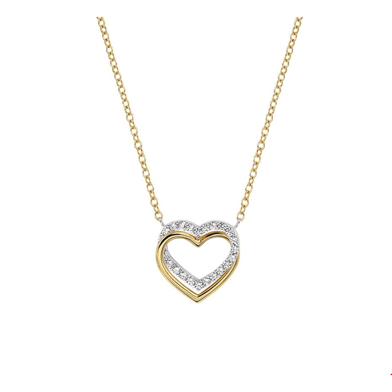 Geelgouden collier met harten en zirkonia. Het collier heeft draaglengtes van 40 42 en 44 cm.