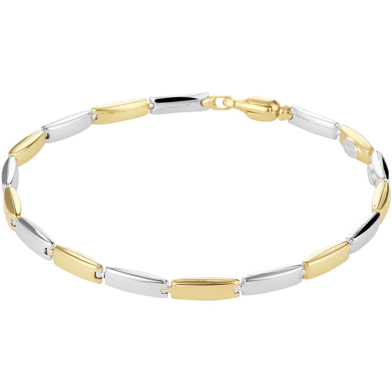 14k Bicolor geel- en witgouden armband uitgevoerd met een stevige karabijn sluiting. De armband heeft een draaglengte van 19.5cm.