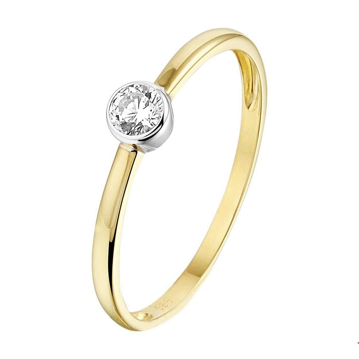 14k Bicolor geel- en witgouden ring uitgevoerd met een schitterende zirkonia. De ring heeft een breedte van 4.5mm.