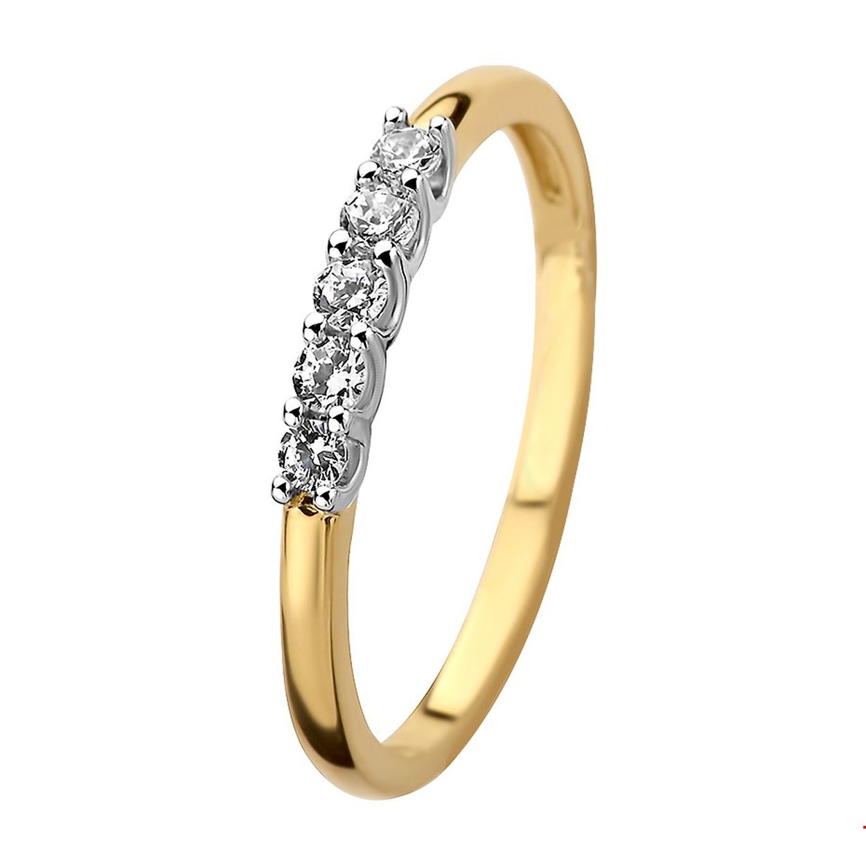 14k Bicolor geel- en witgouden ring met een schitterende zirkonia rij. De ring heeft een breedte van 2mm.
