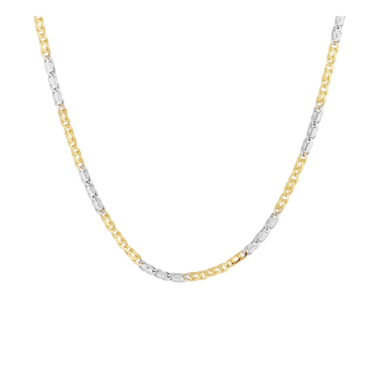 14k Bicolor geel- en witgouden valkenoog collier. Het collier heeft een draaglengte van 45cm en een stevige karabijn sluiting.