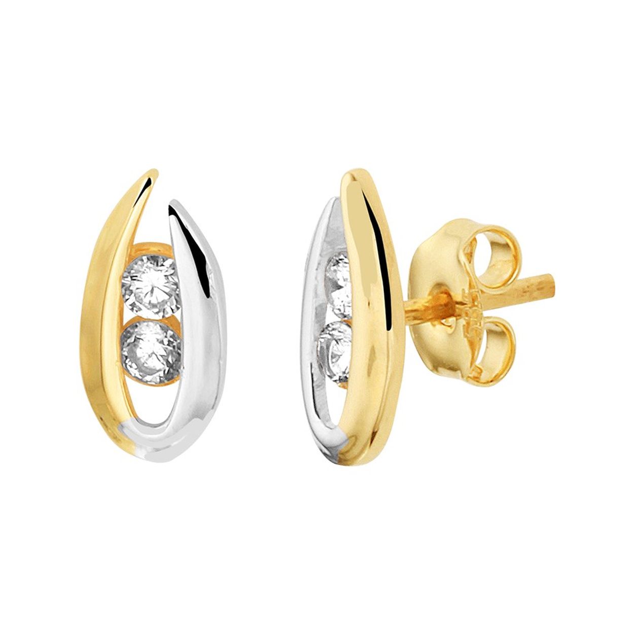 14k Bicolor geel- en witgouden oorknoppen uitgevoerd met een schitterende zirkonia rij. De afmeting van de oorknoppen is 10.5x5mm.