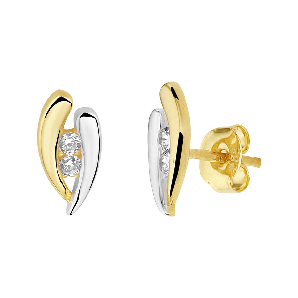 14k Bicolor geel- en witgouden oorknoppen uitgevoerd met een schitterende zirkonia rij. De afmeting van de oorknoppen is 11x5.5mm.