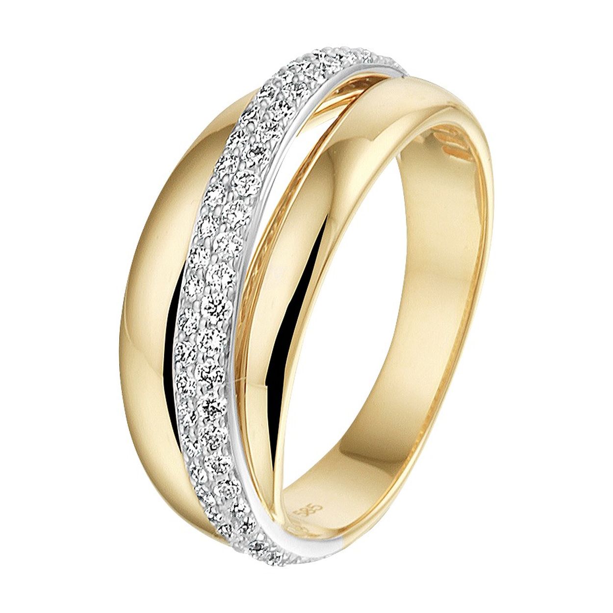 14k Bicolor geel- en witgouden ring uitgevoerd met een schitterend diamant vlak. De ring heeft een breedte van 8.5mm.