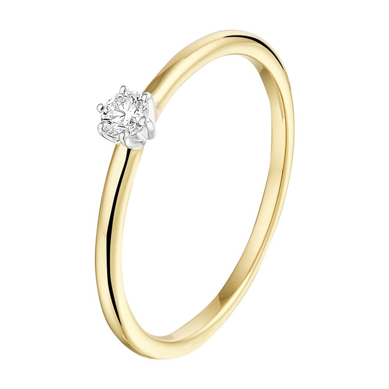 14k bicolor geel- en witgouden ring uitgevoerd met een schitterende diamant. De ring heeft een breedte van 4mm.