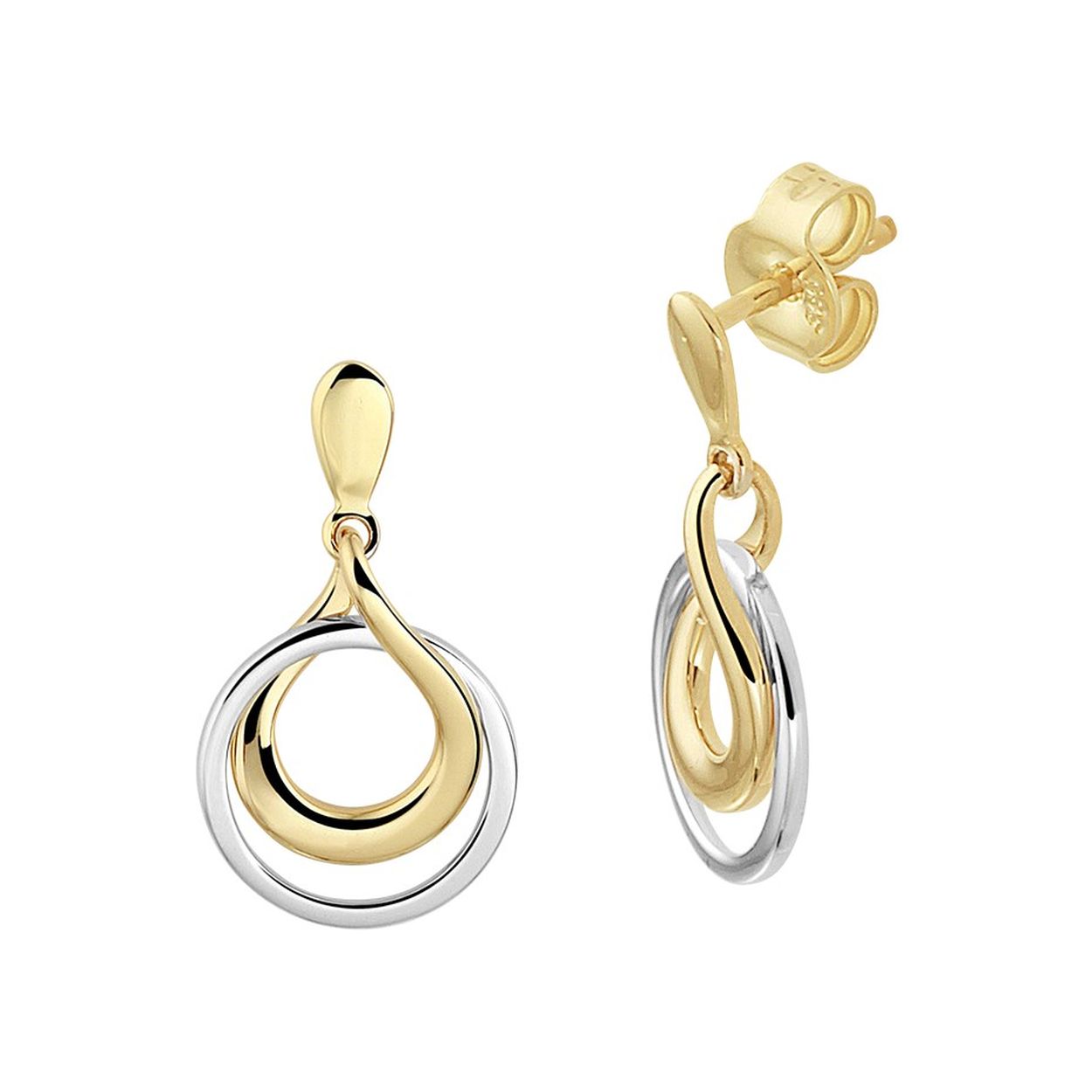 14k Bicolor geel- en witgouden oorhangers. De oorhangers hebben een totale hoogte van 2cm en een breedte van 11mm.