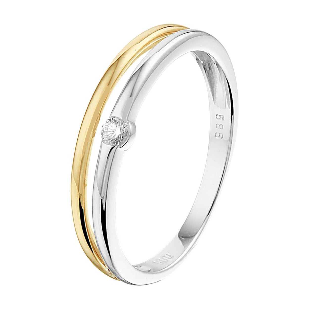 14k Bicolor geel- en witgouden ring uitgevoerd met een schitterende diamant. De ring heeft een breedte van 4mm.