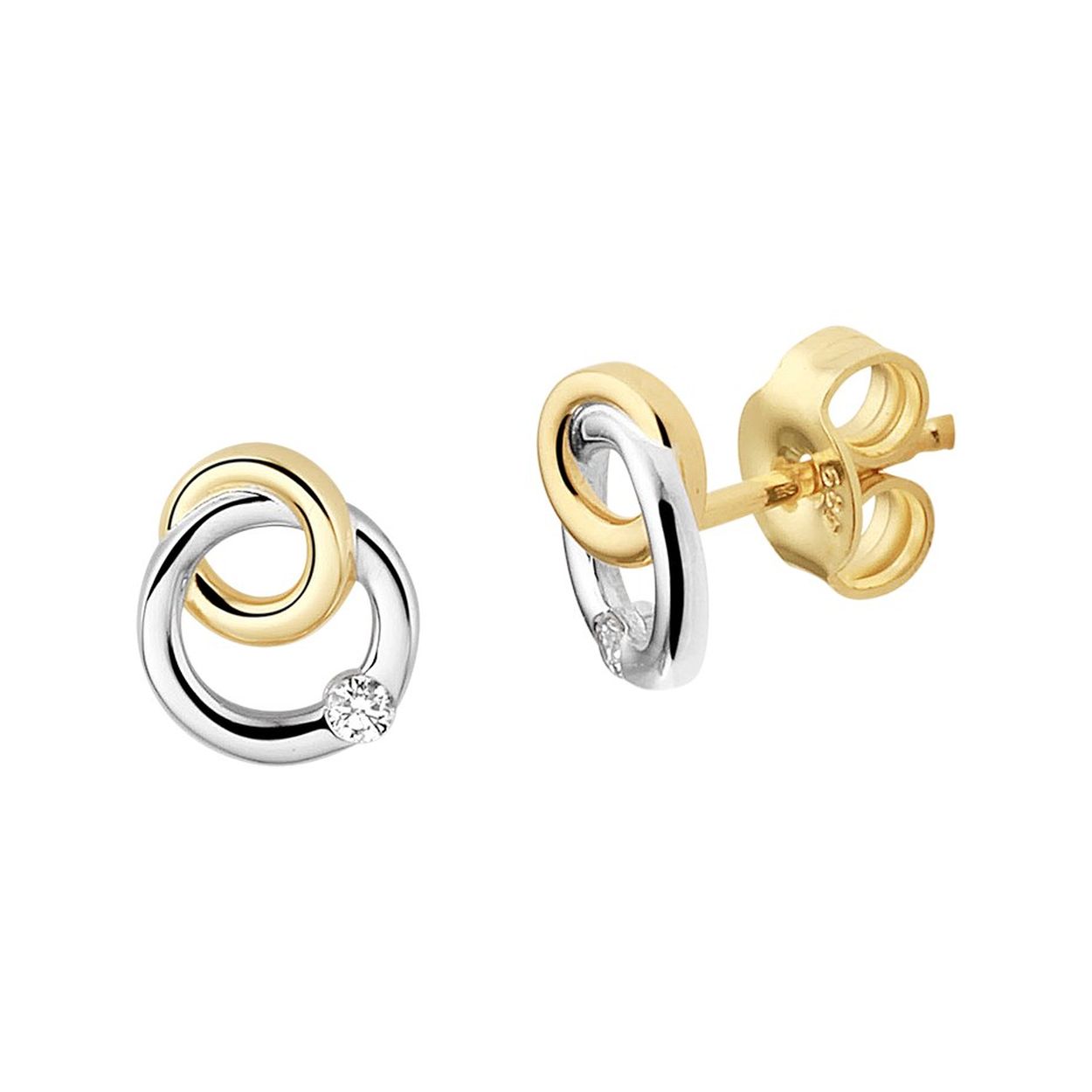 14k Bicolor geel- en witgouden oorknoppen uitgevoerd met een schitterende diamant. De oorknoppen hebben een afmeting van 8x7mm.