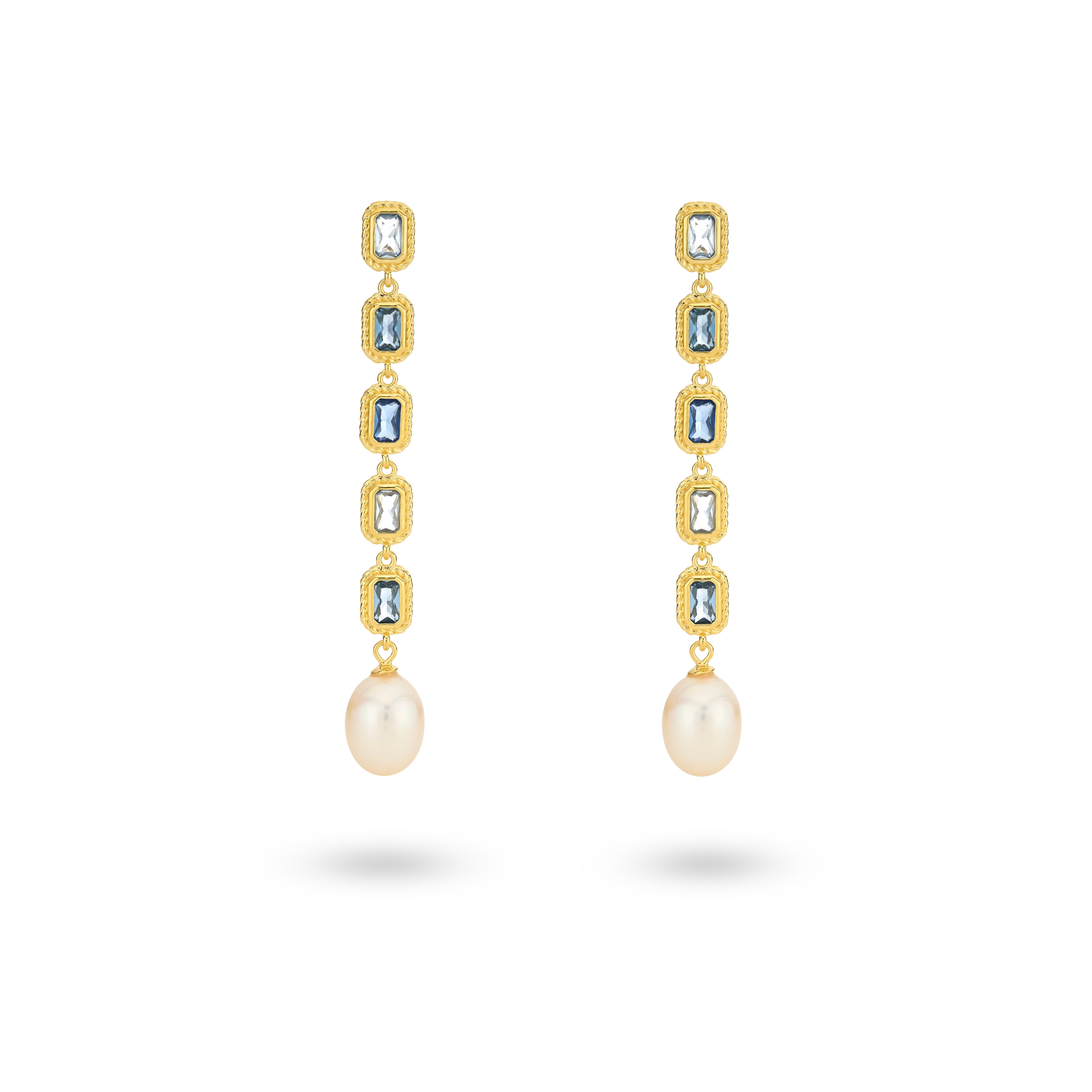 zilveren 24Kae oorhangers, verguld/ blauw cz rechthoeken +parel