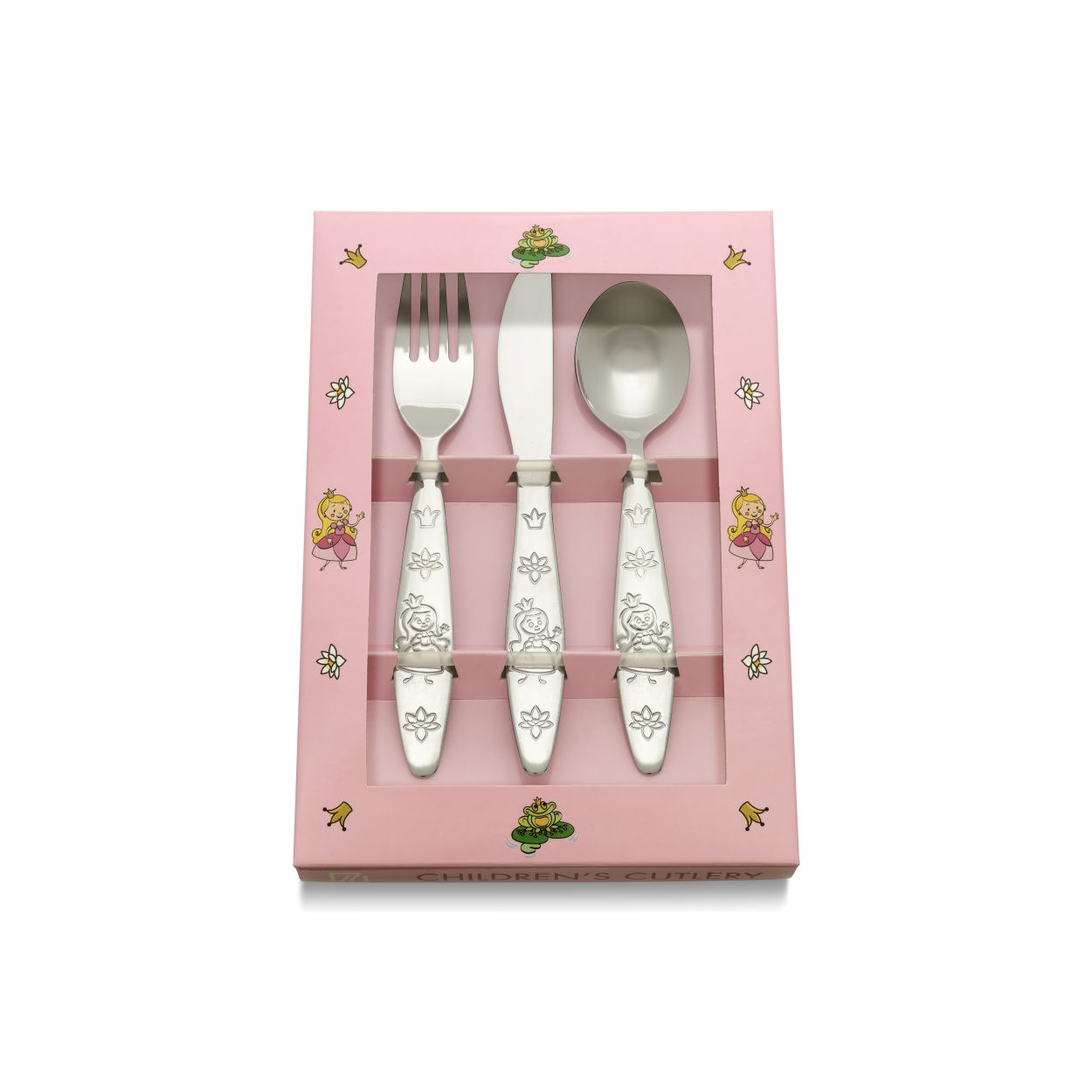 Dit 3-delige prinseskinderbestek van edelstaal bestaat uit een vork, lepel en mes. Op het couvert staan afbeeldingen van een kroontjes, bloemetjes en prinsessen. Wordt geleverd in een kleurrijke geschenkverpakking en is vaatwasmachinebestendig. Ook verkrijgbaar in dessin Hulpdiensten (4252070)

Afmetingen: vork: 15 cm, mes: 16,5 cm, lepel: 14,5 cm.