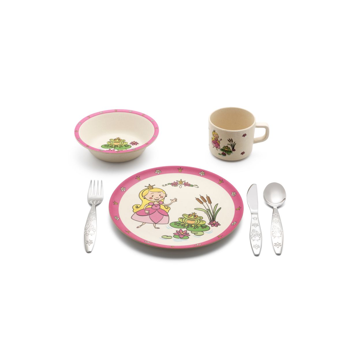 Met deze serviesset worden de eerste hapjes nóg leuker. De set bestaat uit een bordje, bekertje en kommetje vervaardigd van milieuvriendelijk bamboevezel. Het RVS bestek is 3-delig en kan in de vaatwasser. Ook verkrijgbaar in dessin Hulpdiensten (4253070). Afmetingen: Diameter bordje: 20 cm, beker: 8 x 6,3 cm, kommetje: 14 x 4 cm, vork: 15 cm, lepel: 14,5 cm, mes: 16,5 cm.