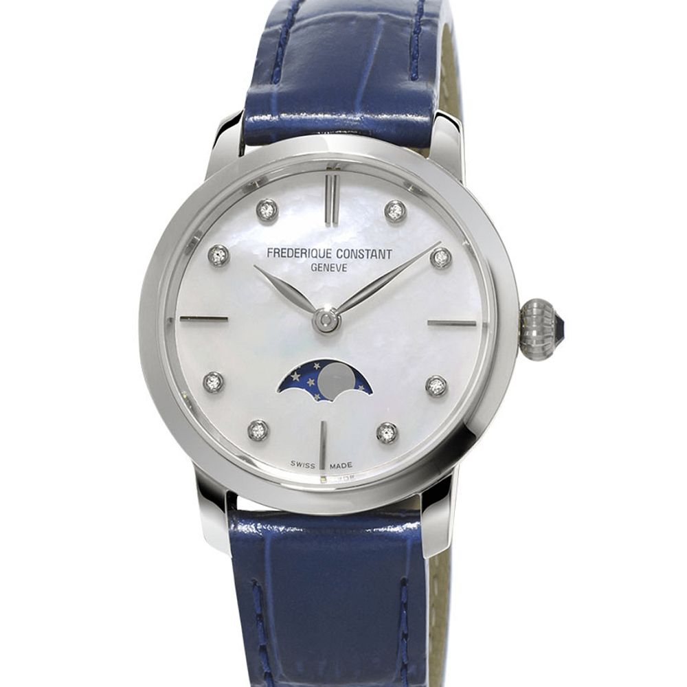 Dit Frederique Constant Slimline Moon Blue stalen dameshorloge heeft veel te bieden. De stalen kast met kalfslerenblauwe horlogeband is ingetogen en laat zich goed combineren met witgouden of zilveren sieraden. De iets grotere diameter van 30mm zorgt ervoor dat het een eigentijds horloge wordt met een klassieke twist.
\nDe parelmoer wijzerplaat is afgezet met diamant indexen en heeft een maanfase. Dit alles wordt aangedreven door een verfijnd quartz uurwerk waardoor het ''slimline'' concept van Frederique Constant al enige jaren tot de vaste waarden van het merk hoort.
\n
\n&nbsp;