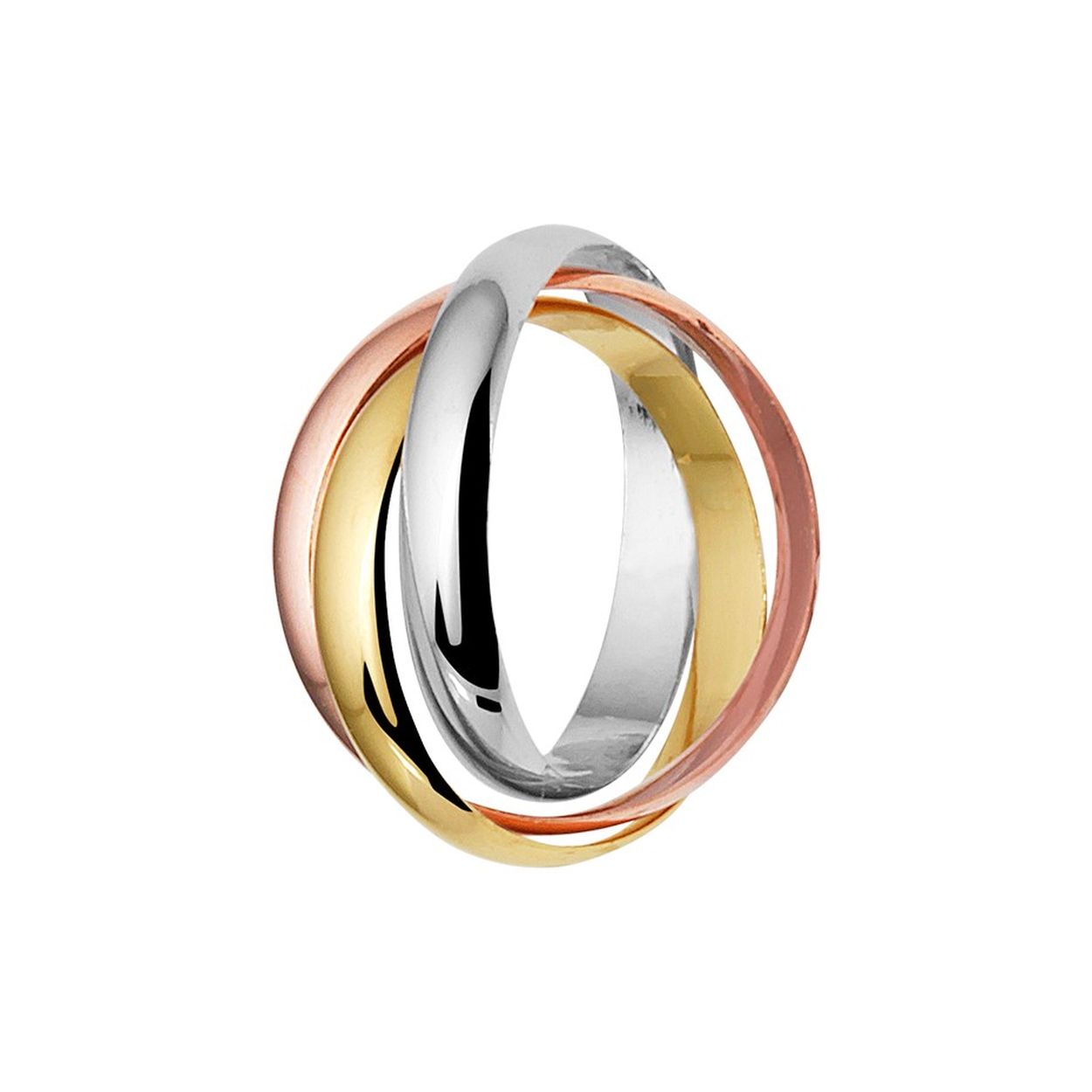 Tricolor geel-, rose en witgouden hangertje bestaande uit drie in elkaar gedraaide ringetjes. De ringentjes hebben een diameter van 10mm.