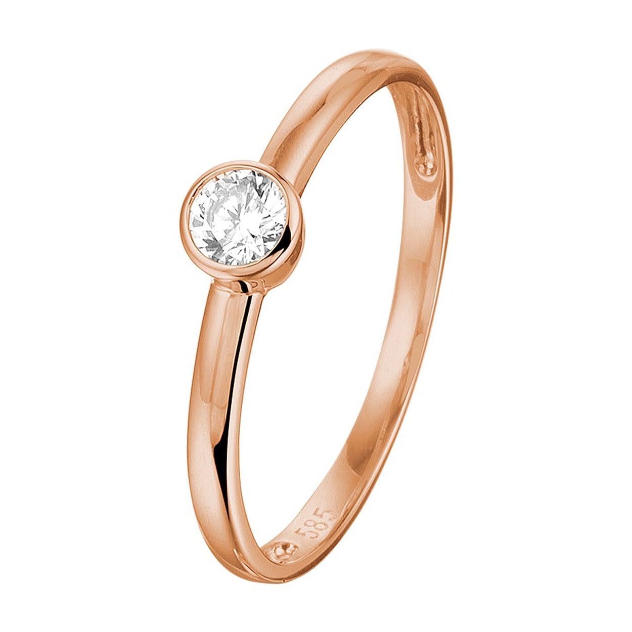 14k Rosegouden ring uitgevoerd met een schitterende zirkonia. De ring heeft een breedte van 4.5mm.