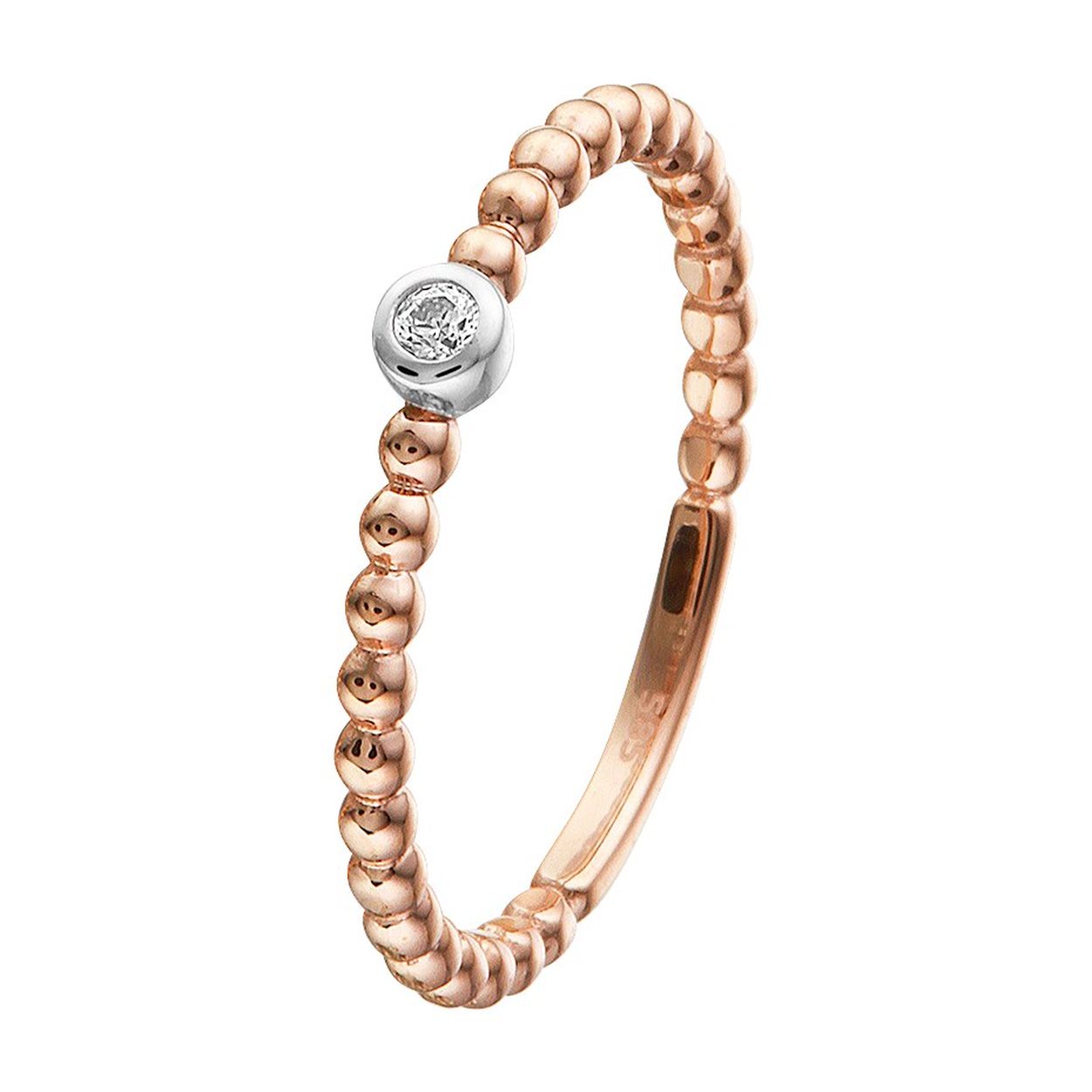 14k Rosegouden ring uitgevoerd met een heldere zirkonia. De ring heeft een breedte van 3mm.