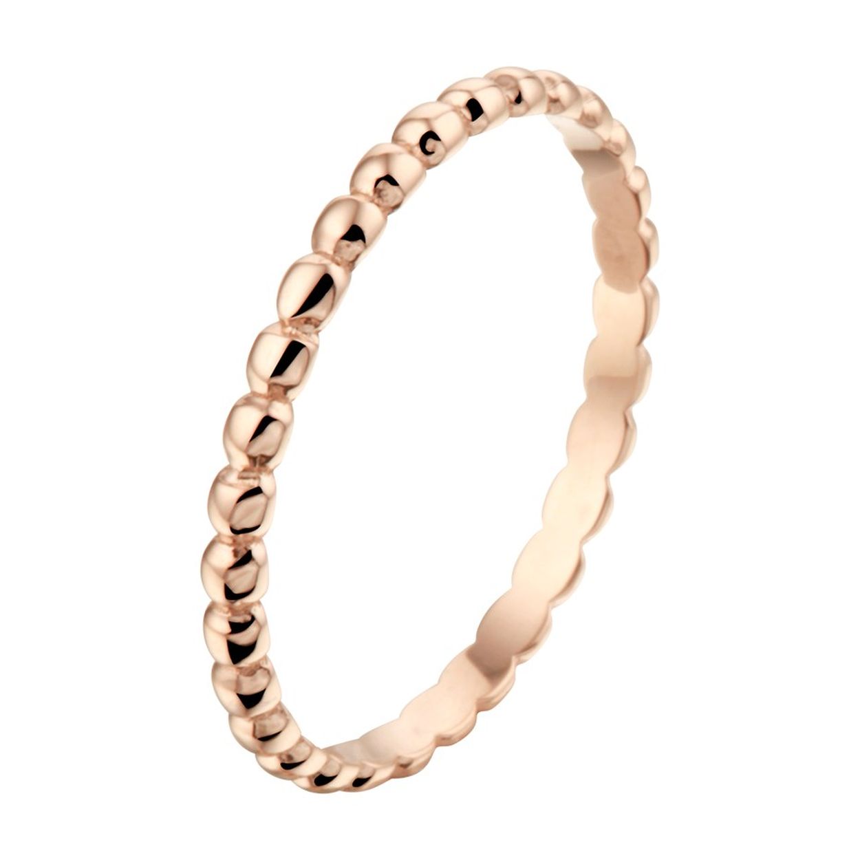 14k Rosegouden aanschuifring uitgevoerd met platte bolletjes. De ring heeft een breedte van 2mm.