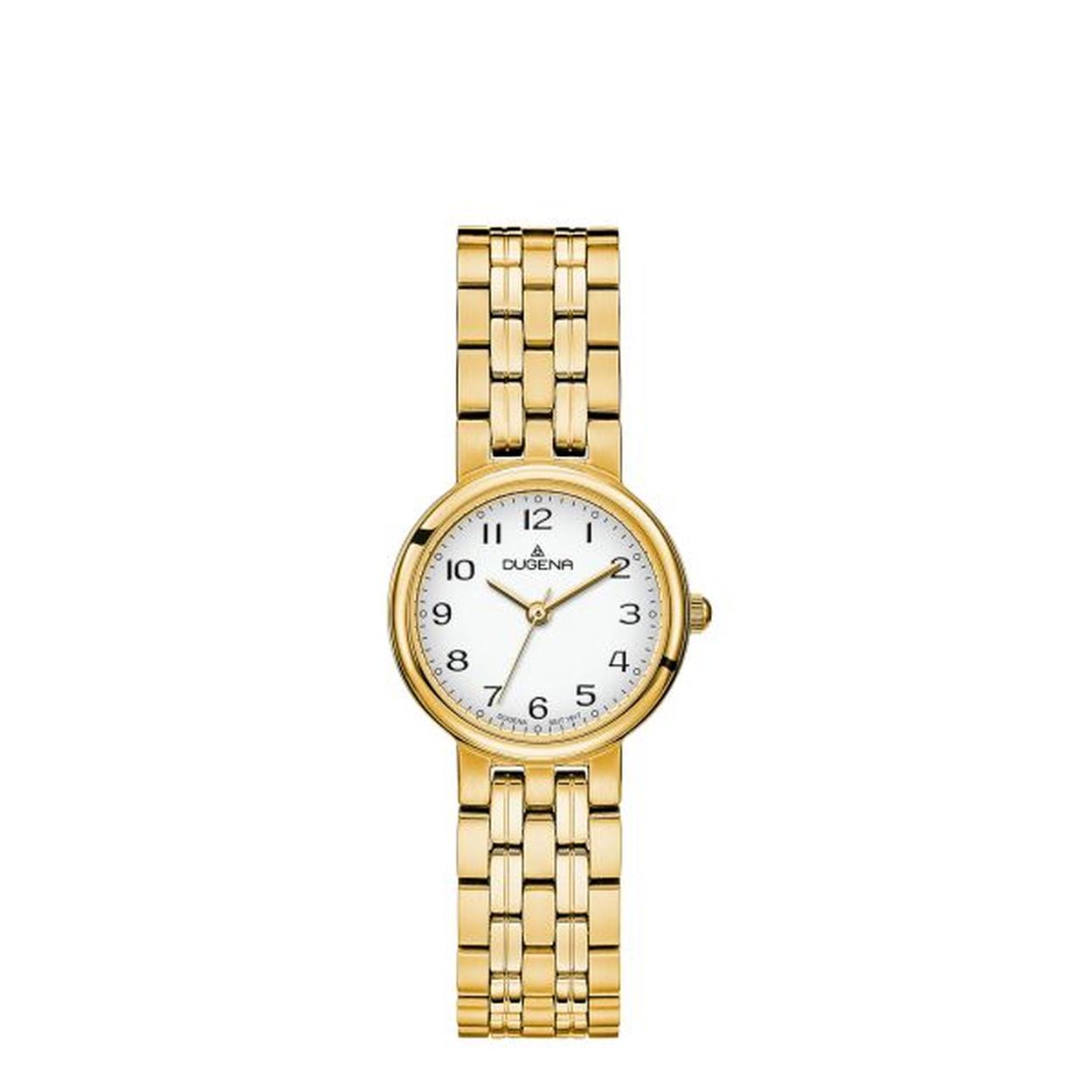 Die Brenda Dugena  bietet folgende Eigenschaften: Wasserdichtigkeit (Level 3), Edelstahlgeh&auml;use und -armband, Mineralglas, goldfarbener Edelstahlarmband, einfache Handhabung ohne Datumsfunktion, Geh&auml;usegr&ouml;&szlig;e von 26 mm. Perfekt f&uuml;r elegante Anl&auml;sse und t&auml;glich tragbar. Tragen Sie sie mit schlichten, klassischen Outfits f&uuml;r einen zeitlosen Look.