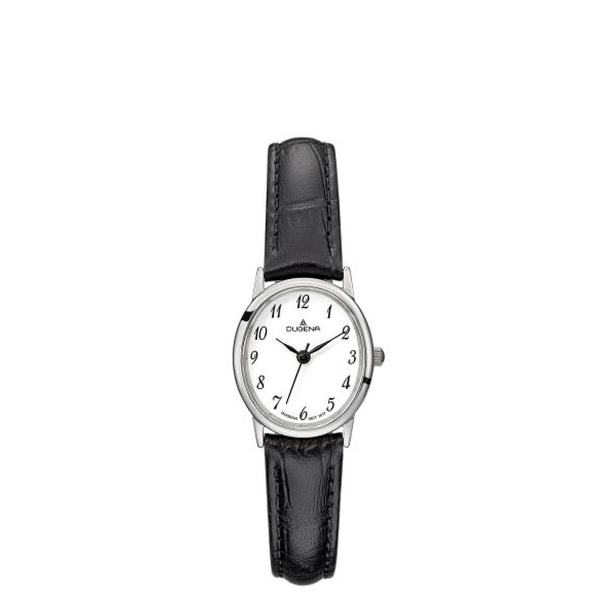 Die Vintage Dugena Damenuhr, bietet eine wasserdichte Stufe von 3. Gefertigt aus Edelstahl, sowohl das Geh&auml;use als auch das Armband, mit Mineralglas. Sie ist eine Armbanduhr ohne Datumsfunktion, in einer Gr&ouml;&szlig;e von 21,5 und einem schwarzen Armband. Perfekt f&uuml;r den eleganten t&auml;glichen Gebrauch. Ideal f&uuml;r jeden Anlass.