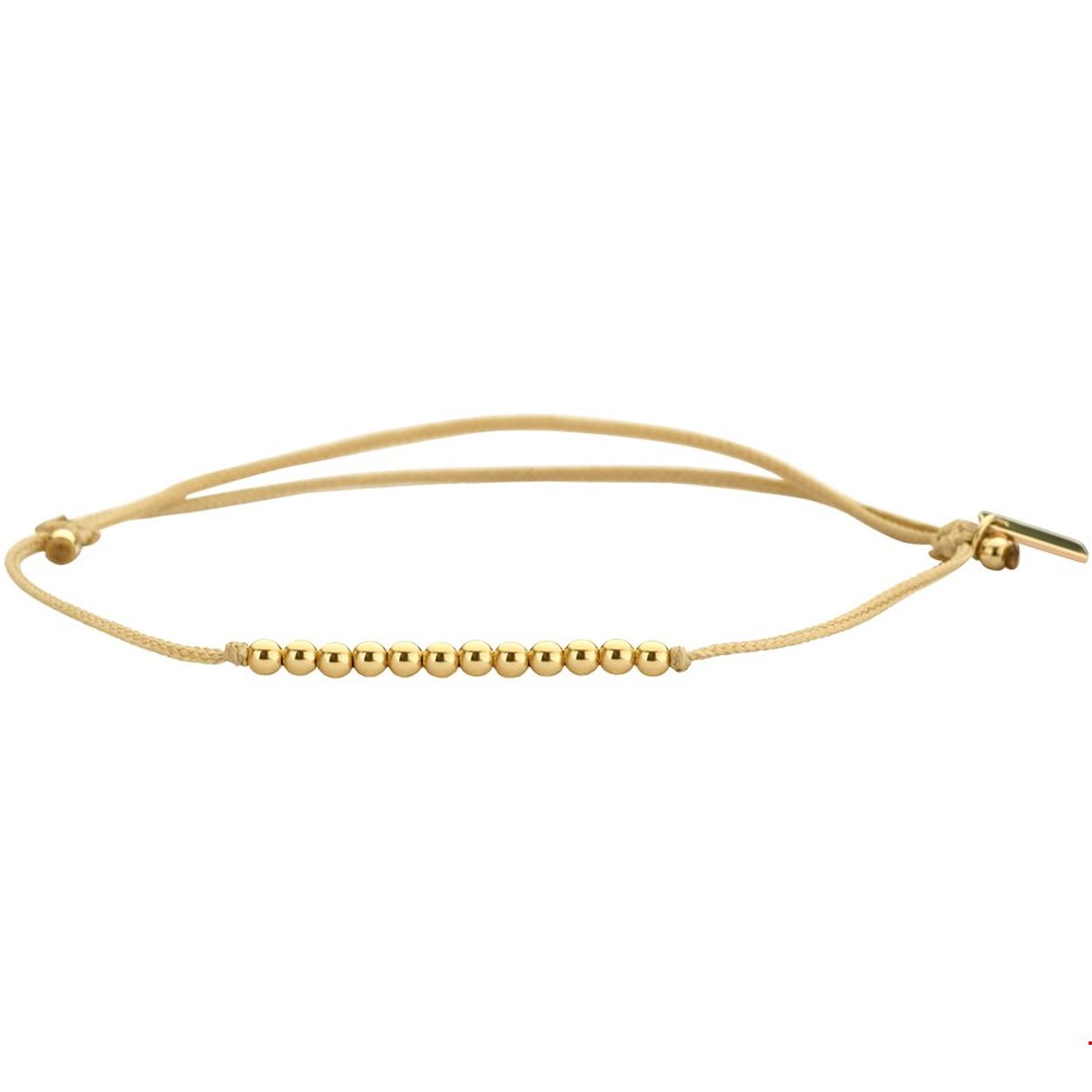 Bruin gevlochten armband met 14k geelgouden elementen. De armband is verstelbaar van 13 tot 19cm. De bolletjes hebben een diameter van 2mm.