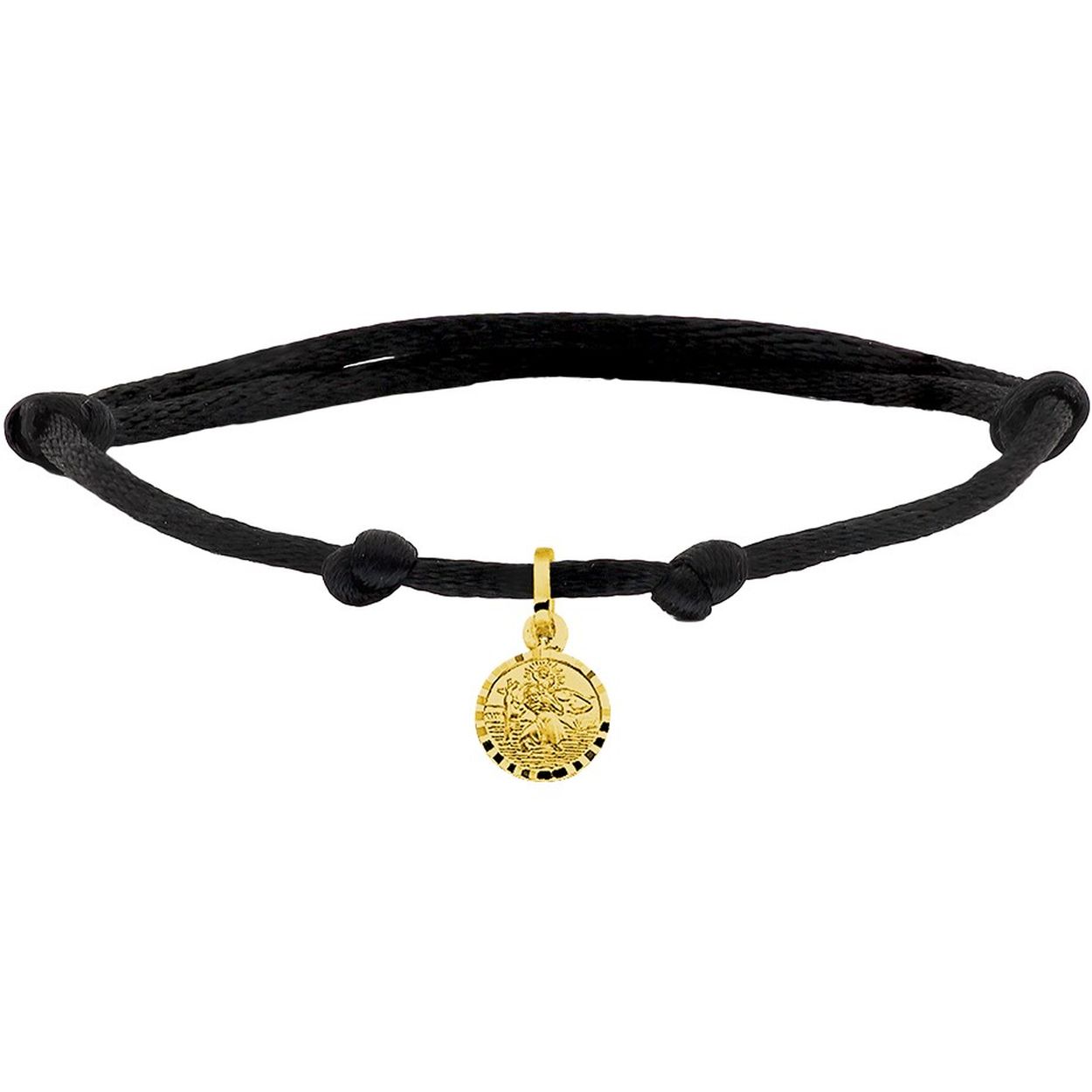 Zwart gevlochten armband met 14k geelgouden christoffel hanger. De armband heeft draaglengtes van 13 tot 26cm. De hanger heeft een breedte van 8mm.