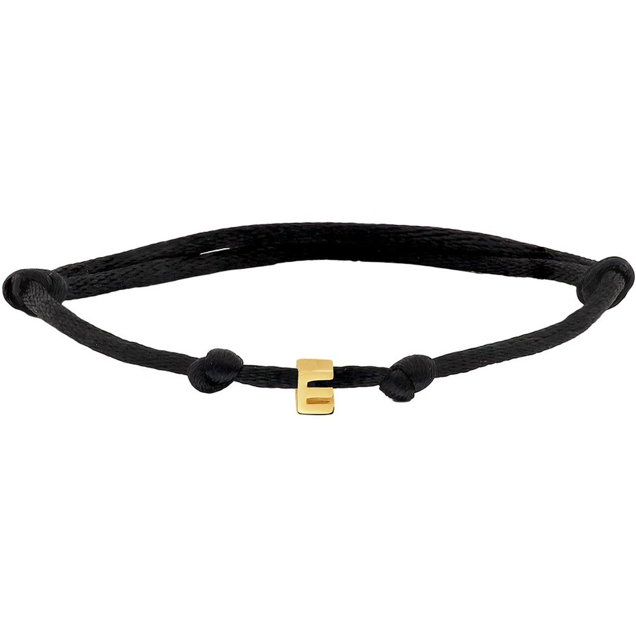 Zwart gevlochten armband uitgevoerd met een 14k geelgouden letter E. De armband heeft draaglengtes van 13 tot 26cm. De letter heeft een afmeting van 5.5x4.5mm.