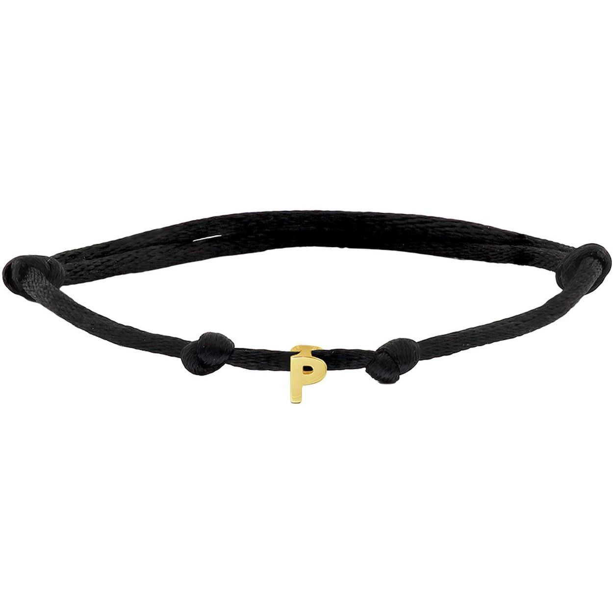 Zwart gevlochten armband uitgevoerd met een 14k geelgouden letter P. De armband heeft draaglengtes van 13 tot 26cm. De letter heeft een afmeting van 5.5x4mm.