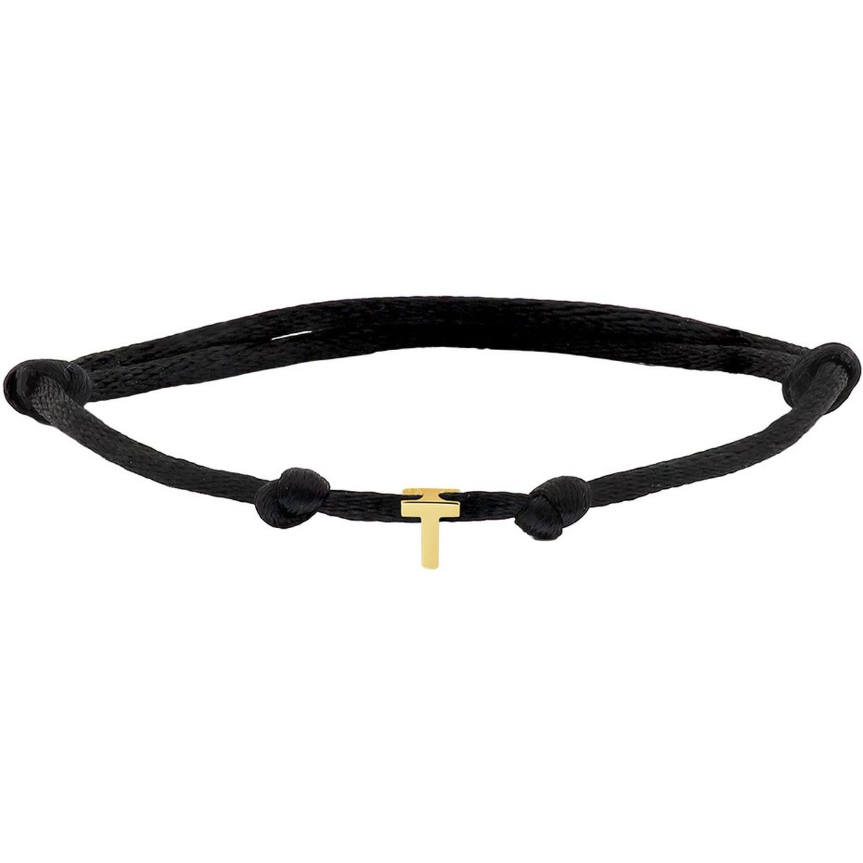 Zwart gevlochten armband uitgevoerd met een 14k geelgouden letter T. De armband heeft draaglengtes van 13 tot 26cm. De letter heeft een afmeting van 5.5x4.5mm.