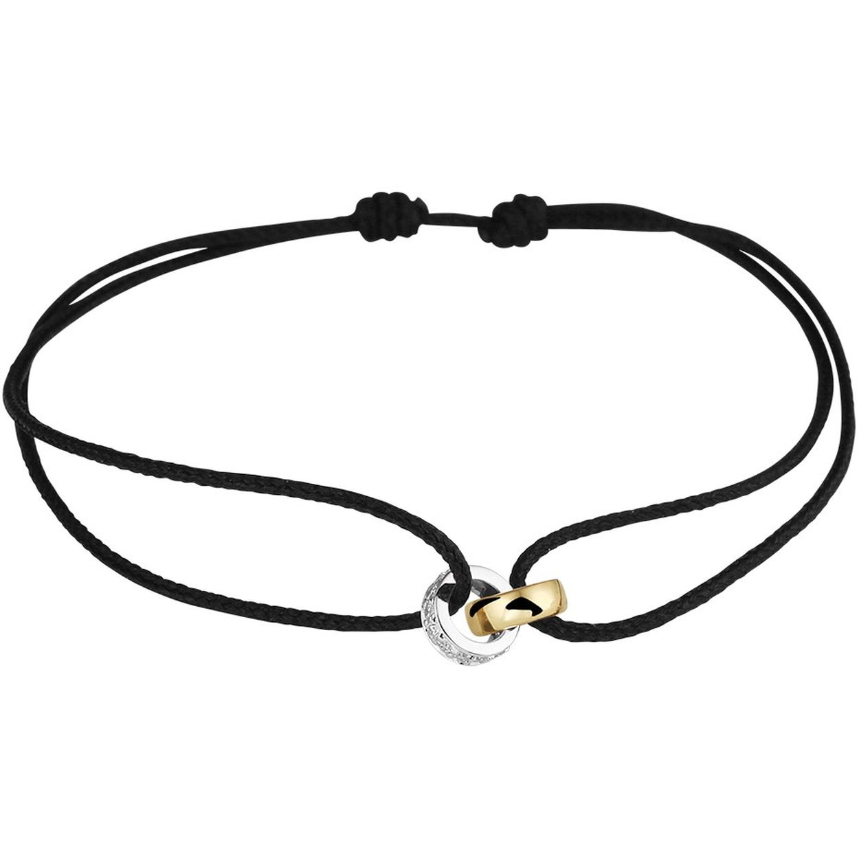 Zwart gevlochten armband uitgevoerd met een 14k geelgouden en een 14k witgouden ringetje met een diameter van 5.2mm. Het witgouden ringetje is uitgevoerd met een schitterende diamant rij. De armband heeft draaglengtes van 13 tot 26cm.