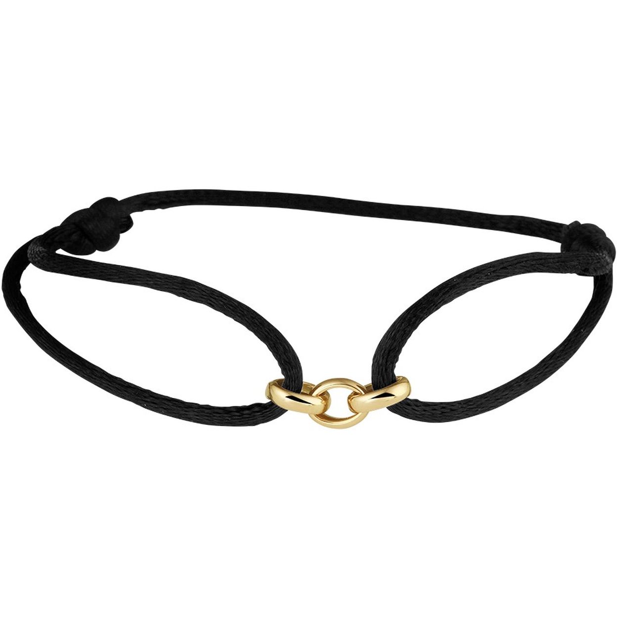 Zwart gevlochten armband uitgevoerd met 14k geelgouden schakels. De armband heeft draaglengtes van 13 tot 26cm. De schakels hebben een breedte van 5mm.