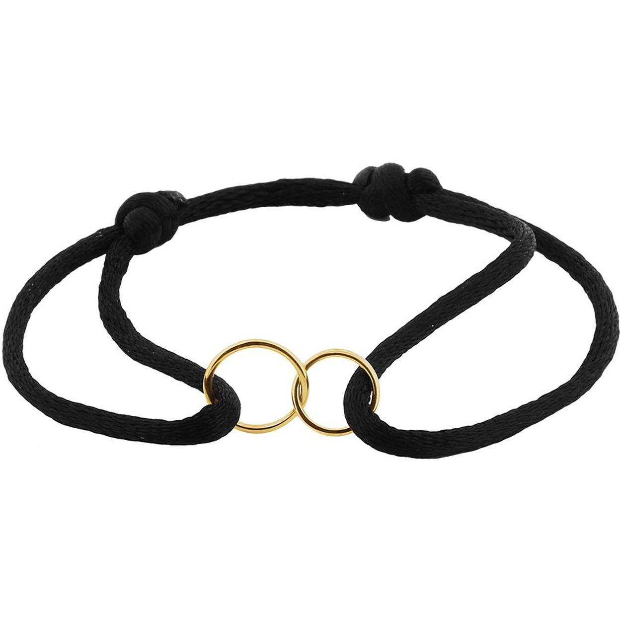 Zwart gevlochten armband uitgevoerd met twee 14k geelgouden ringen. De armband heeft draaglengtes van 13 tot 26cm. De ringen hebben een diameter van 8.5mm en 10mm.