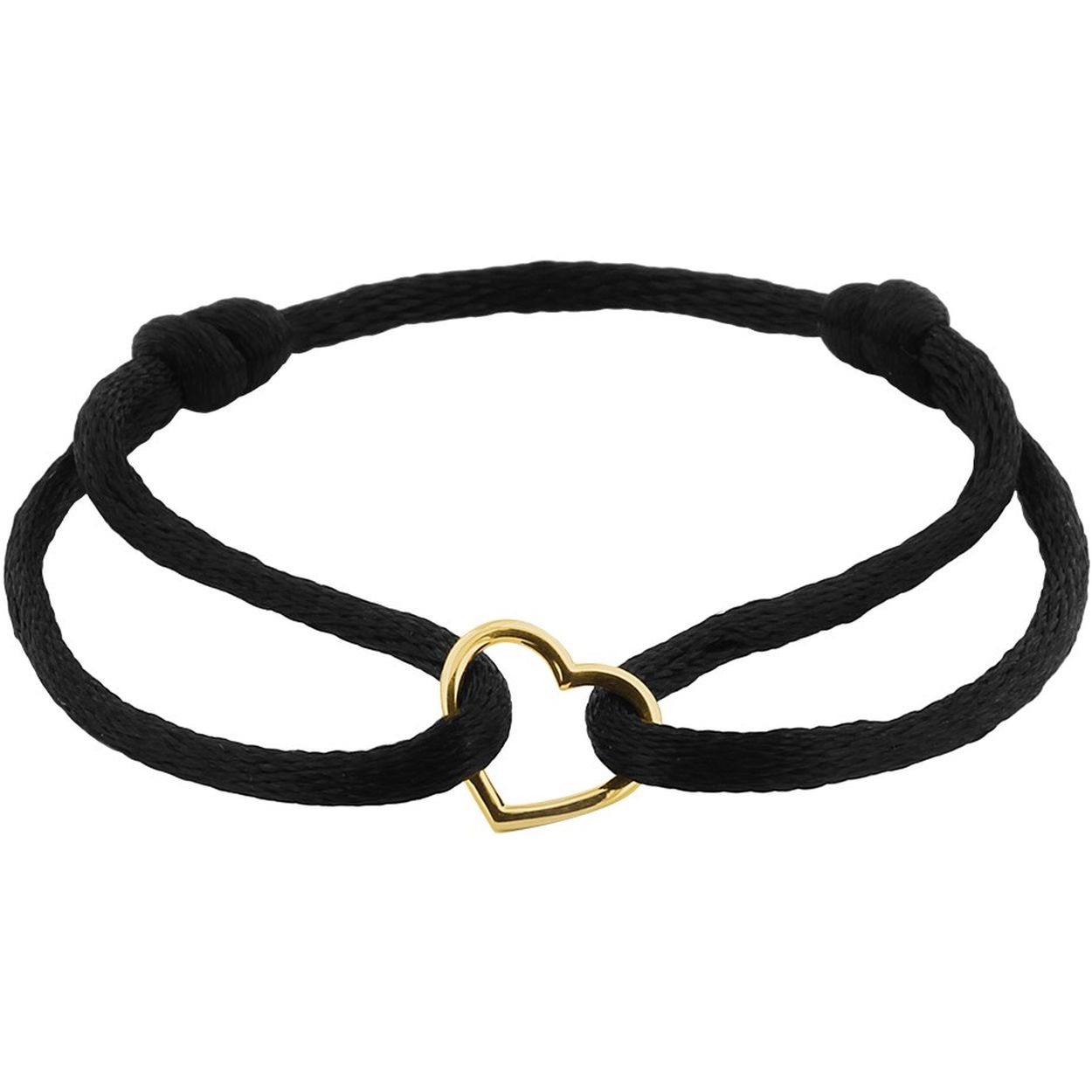 Zwart gevlochten armband uitgevoerd met een 14k geelgouden hartje. De armband heeft draaglengtes van 13 tot 26 cm. Het hartje heeft een afmeting van 10x11.5mm.