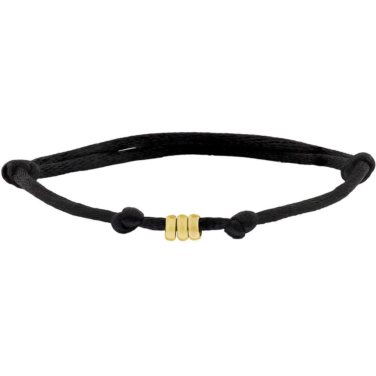 Zwart gevlochten armband uitgevoerd met 14k geelgouden ringetjes. De armband heeft draaglengtes van 13 tot 26cm. De ringetjes hebben een diameter van 4.5mm.