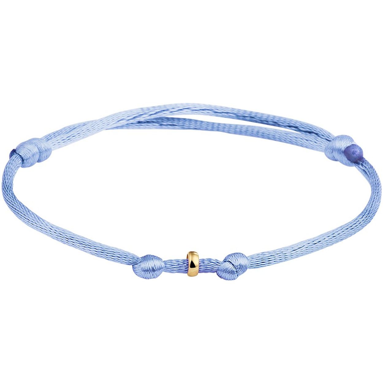 Lichtblauw gevlochten armband uitgevoerd met een 14k geelgouden ringetje. De armband heeft draaglengtes van 13 tot 26cm. Het ringetje heeft een diameter van 4.5mm.