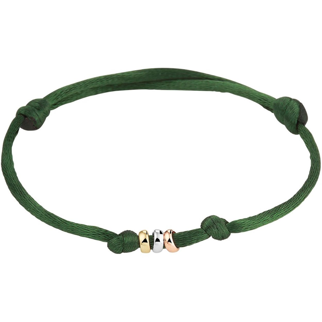 Groen gevlochten armband uitgevoerd met 14k tricolor geel-, rose- en witgouden ringetjes. De armband heeft draaglengtes van 13 tot 26cm. De ringetjes hebben een breedte van 4.5mm.