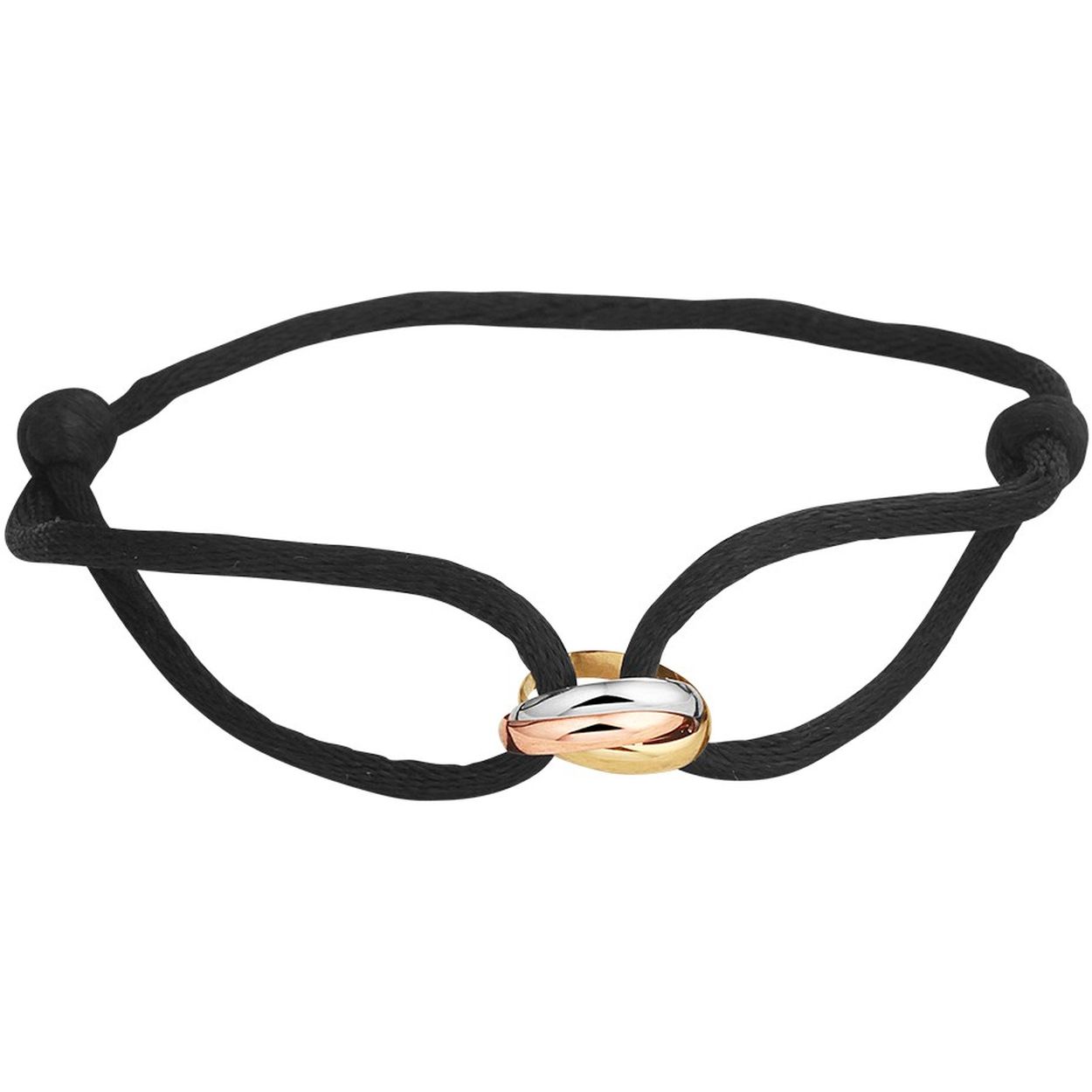 Zwart gevlochten armband uitgevoerd met drie in elkaar gedraaide 14k tricolor geel- , rose- en witgouden ringetjes met een diameter van 10mm. De armband heeft draaglengtes van 13 tot 26cm.