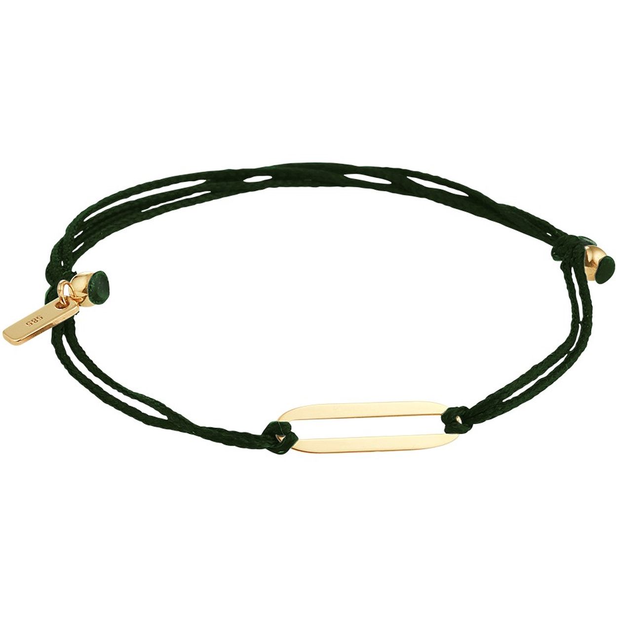 Donkergroen gevlochten armband uitgevoerd met een 14k geelgouden schakel. De armband heeft draaglengtes van 13 tot 19cm. De schakel heeft een afmeting van 4x16mm.