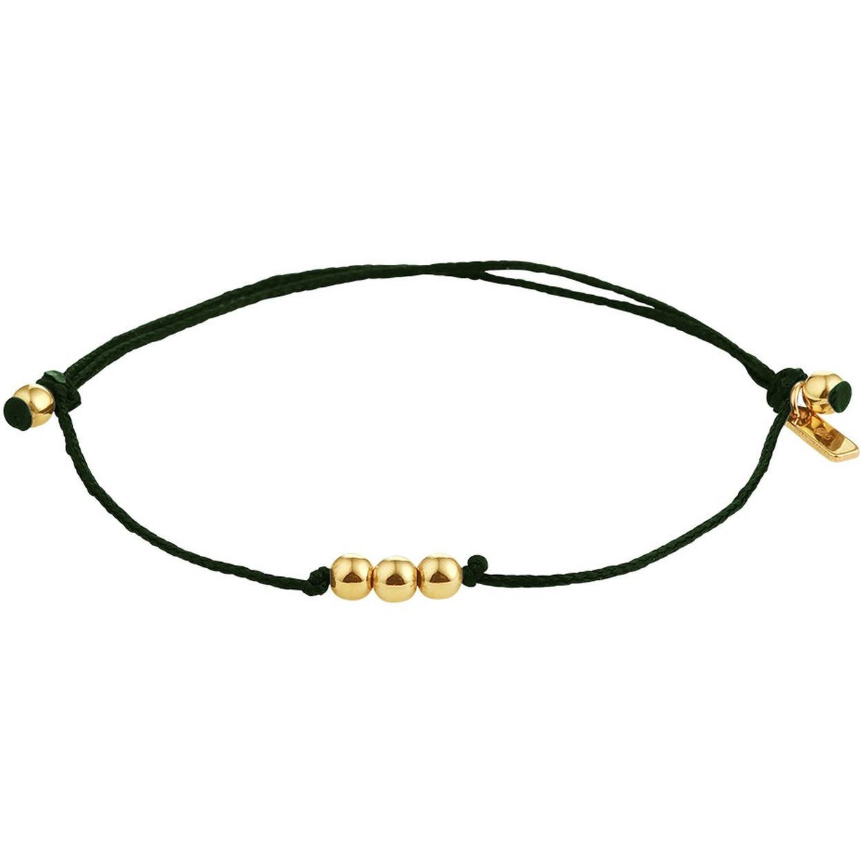 Donkergroen gevlochten armband uitgevoerd met drie 14k geelgouden bolletjes. De armband heeft draaglengtes van 13 tot 19cm. De bolletjes hebben een breedte van 3mm.