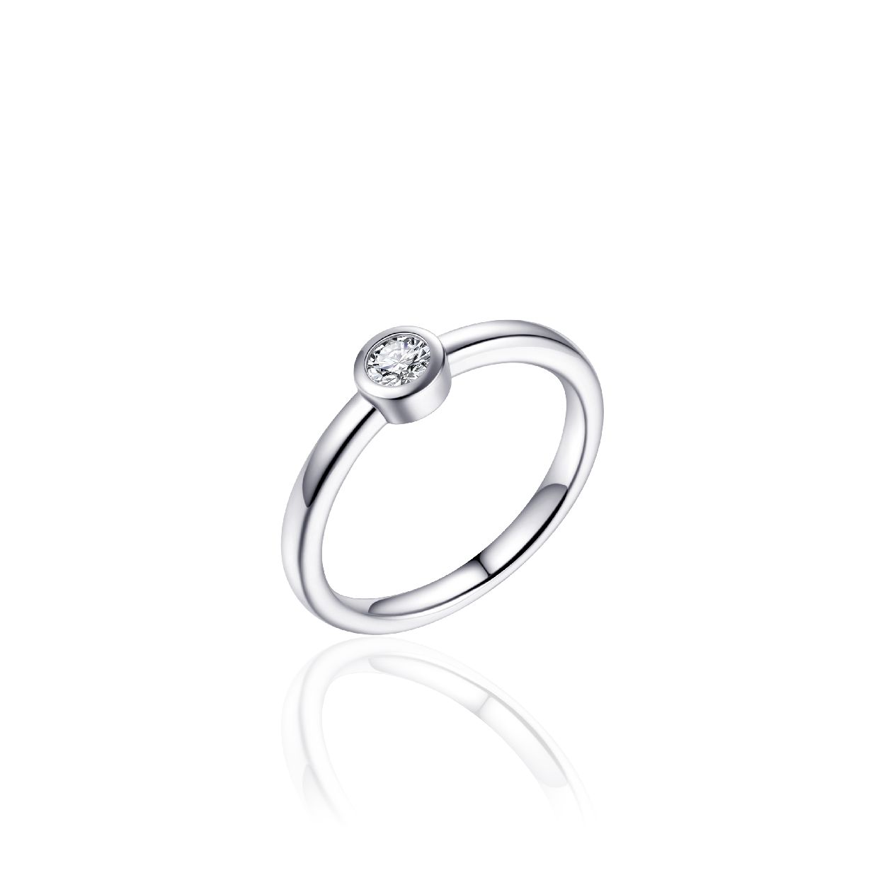 Zilveren solitair ring met een zirkonia, gezet in een ronde zetkast.