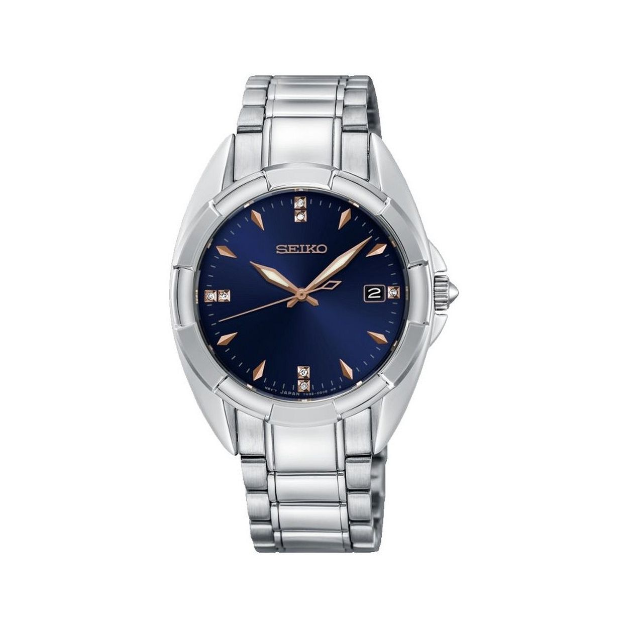 Dit Seiko dameshorloge is van edelstaal en heeft een quartz uurwerk waarop de tijd analoog wordt weergegeven op een blauwe wijzerplaat.