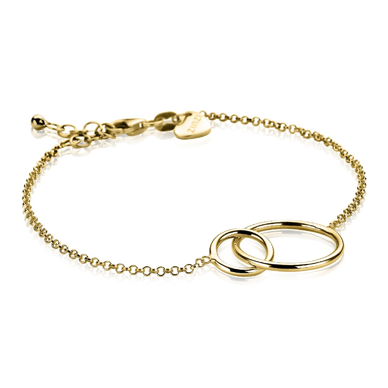 ZINZI zilveren trendy armband geel verguld, waarbij in het midden twee ronde vormen mooi met elkaar verbonden zijn. De lengte is te variëren tussen 18 en 21cm. Met herkenbaar ZINZI hartje bij de sluiting. Vervaardigd van eerste gehalte zilver (925) en met extra geelgoudkleurige laag.
