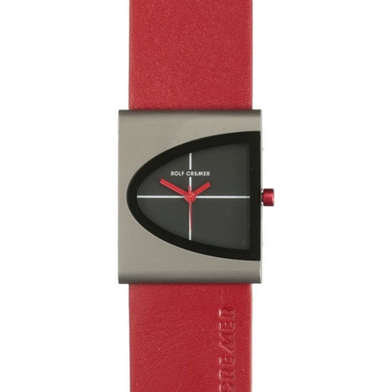 Een titanium horloge met rood leren band.