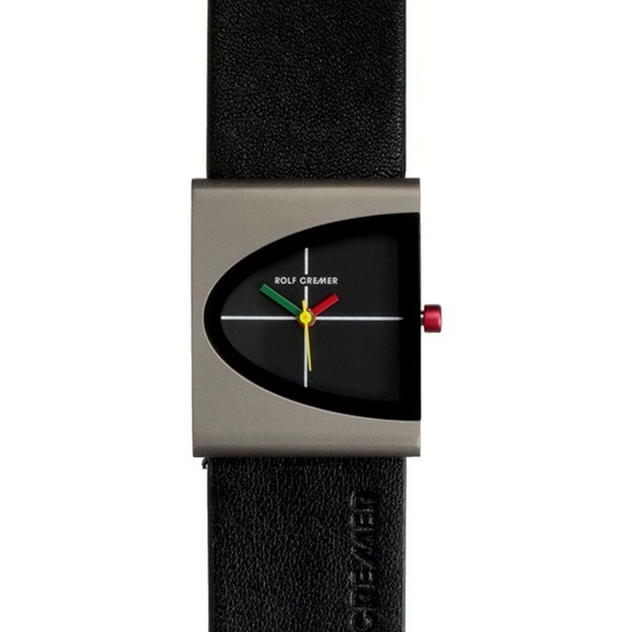 Een titanium horloge met zwart leren band gekleurde wijzers