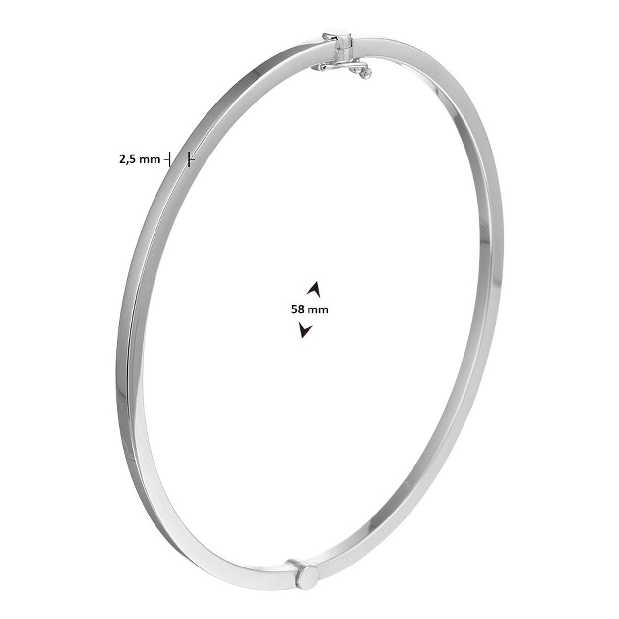 14k Witgouden bangle met daarin een kern van 925 zilver. De bangle is uitgevoerd met een scharnier en heeft een binnendiameter van 58mm.