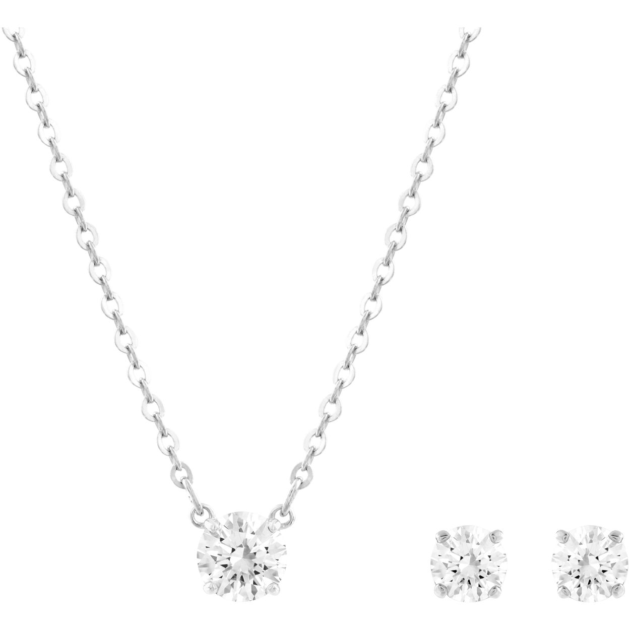 Het perfecte romantische cadeau en een echt tijdloze essential. De Attract Round-set bevat een rodium-vergulde hanger aan een ketting en stud-steekoorbellen. Elk item bevat een ronde chaton waardoor een briljante en tijdloze sprankeling wordt gecreeerd.
