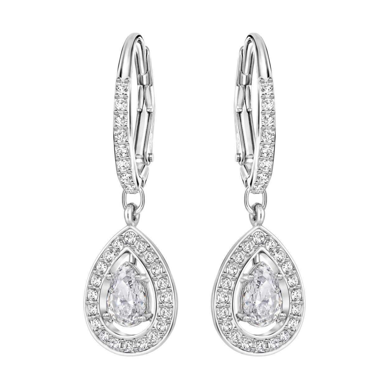 Een prachtige nieuwe toevoeging aan Swarovski bestverkopende Attract-collectie. Deze steekoorbellen bevatten een krans van heldere kristallen pave rondom een peervormig middenstuk waardoor een briljante sprankeling wordt gecreeerd. Het metaal is rodium-verguld dus behoudt zijn kleur en blijft mooi. De oorbellen zijn 3 cm lang.